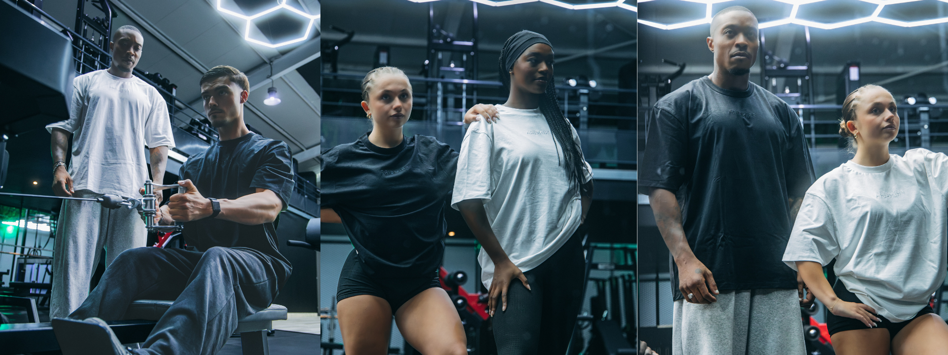 Groupe de quatre athlètes portant les t-shirts oversize Primeira Fitness, coloris noir et blanc, en salle de sport